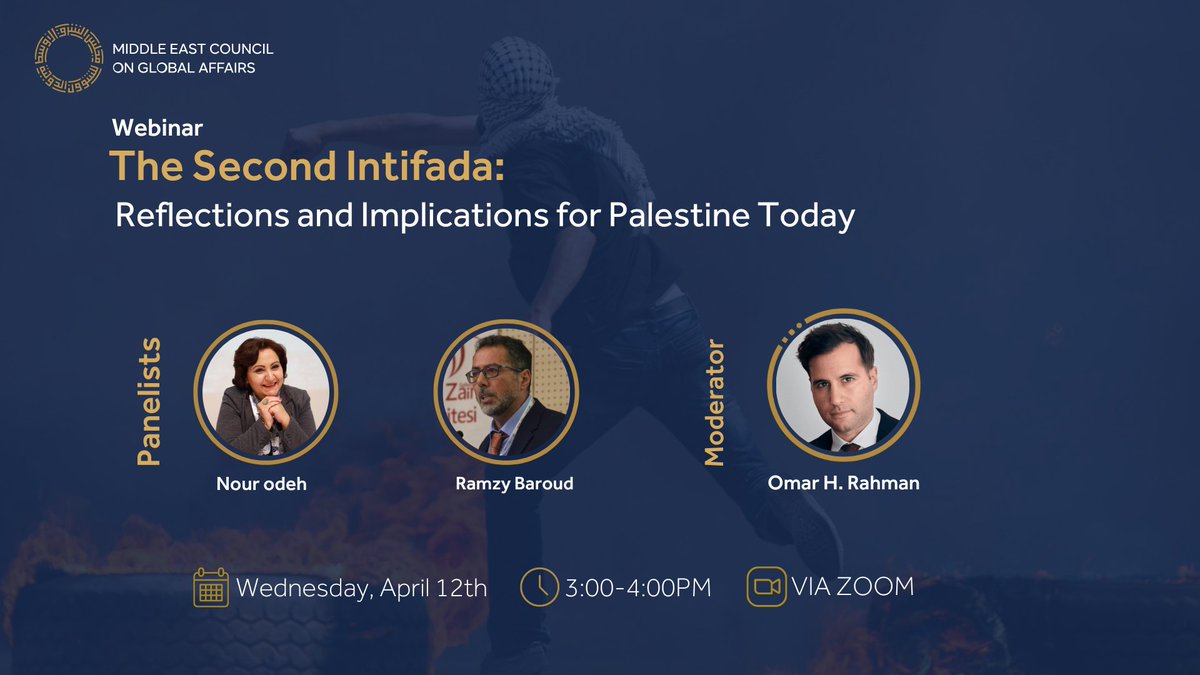 The Second Intifada marked a critical juncture in Palestinian history that continues to shape the present reality. Join our webinar on April 12th @ 3pm as we convene experts to analyze the impact of the Second Intifada on #Palestine today.
Reg: bit.ly/41aeNv7
#MECouncil