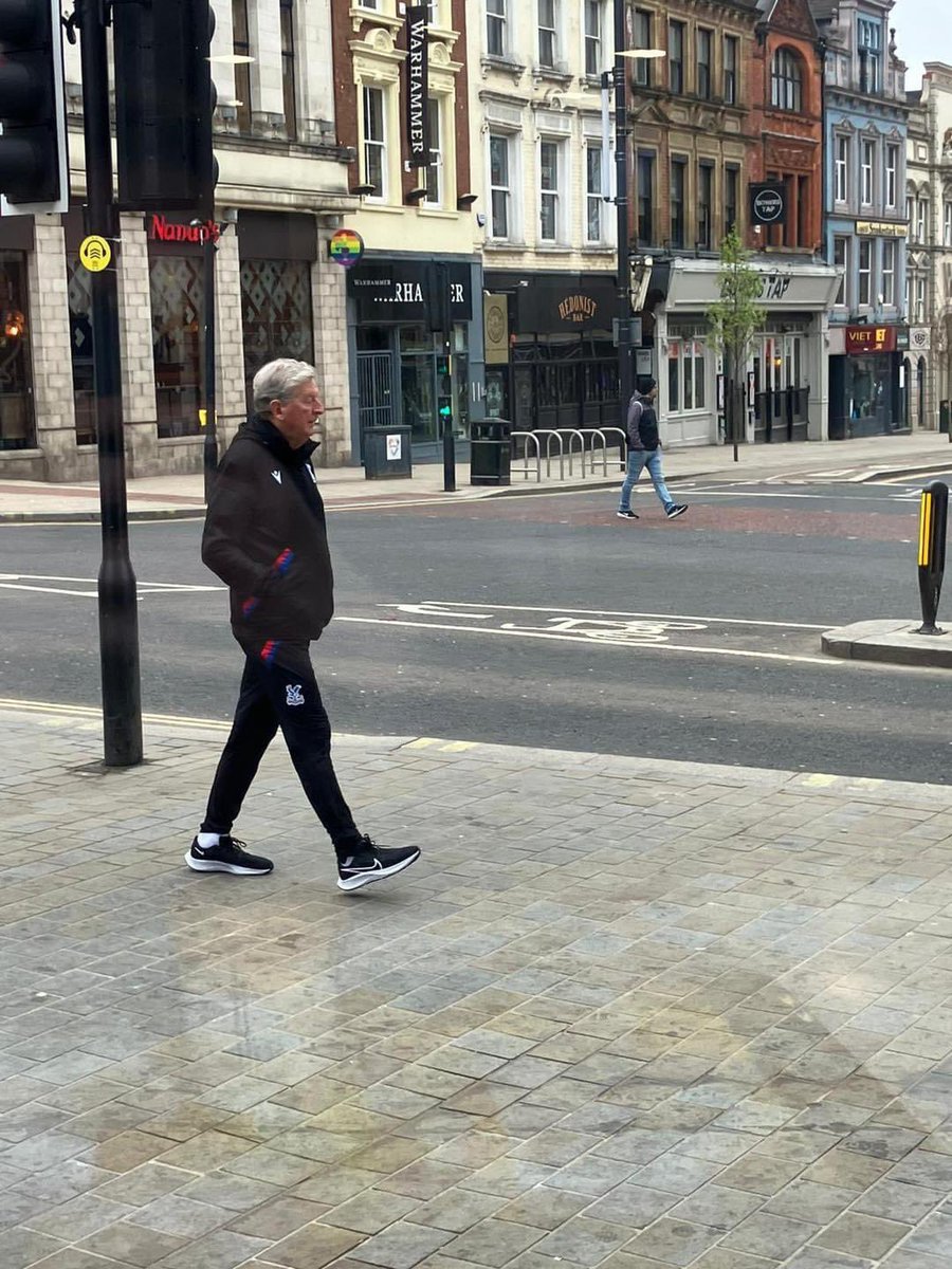 Roy Hodgson wandering the streets of Leeds ahead of Elland Road with Palace today.