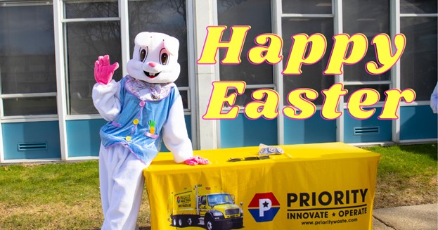 PriorityWaste's tweet photo. Happy Easter from #TeamPriority! Don’t worry, there will be no service delays this week. #HappyEaster #EasterBunny https://t.co/UNUu2wBS1B