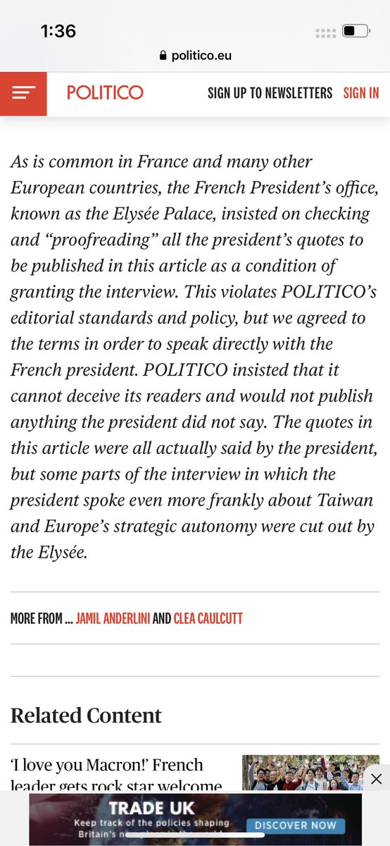 The editorial note on the bottom of the Politico interview with Macron: