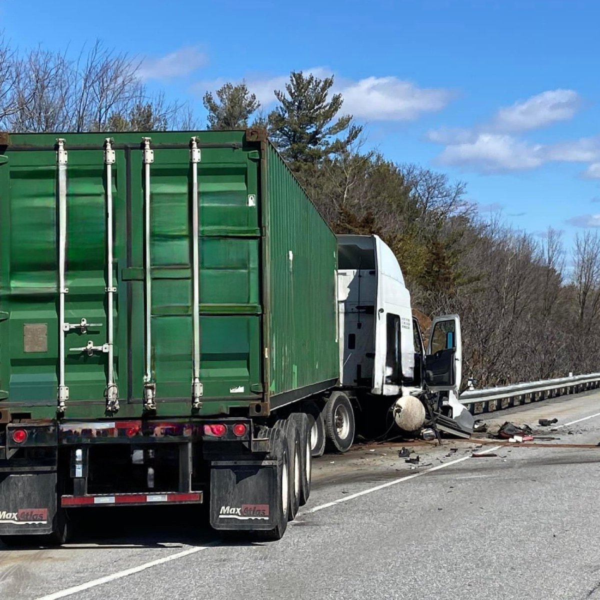 Ontario provincial police say Lone female driver sustained life-threatening injuries after having been struck head-on by this transport truck yesterday, April 7th, 2023, on HWY401 in LeedsOPP area.