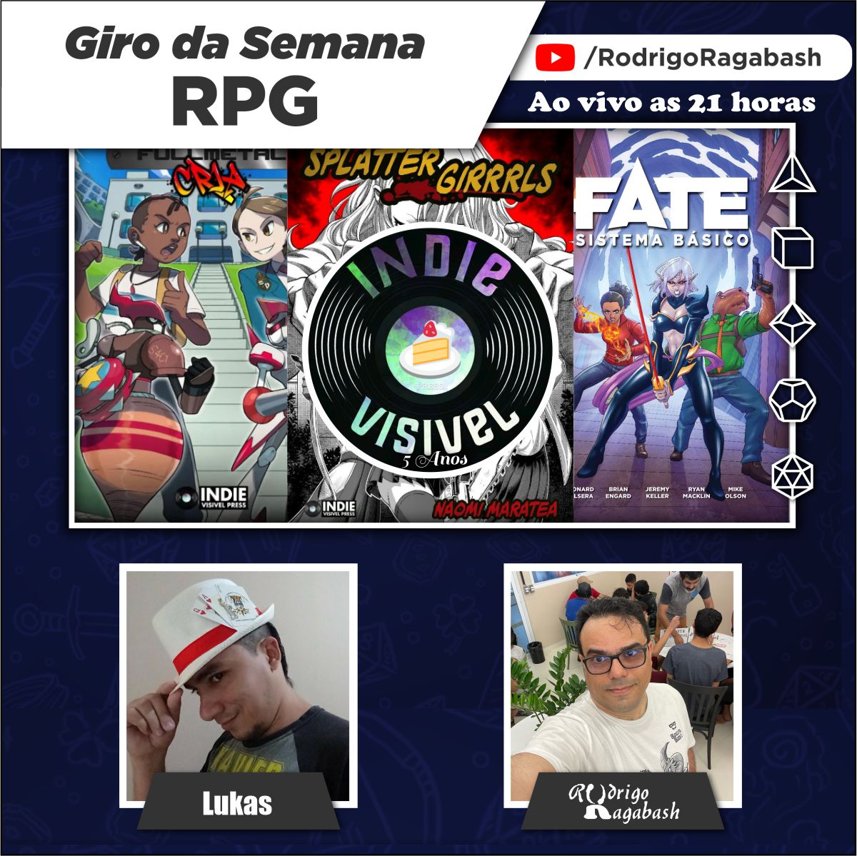 No Giro da Semana RPG desta noite (youtube.com/live/rsZTSQNeQ…), nós teremos como destaque principal a celebração dos 5 anos da <a href="/IndieVisivelP/">IndieVisivel Press 🔞</a> e as novidades de RPG que ela está trazendo. Apresentador: Lukas "Malk"
#RPG