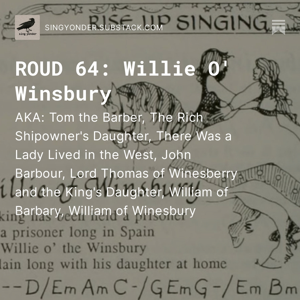 Willie O' Winsbury is up. Featuring <a href="/HenryParkerBfd/">Henry Parker</a> <a href="/QueerFolkUK/">Queer Folk</a> @HandedDownPod @oneleg_oneeye <a href="/tunes_takes/">Old Tunes Fresh Takes</a> <a href="/CohenKilcoyne/">Cohen Braithwaite-Kilcoyne</a> and some hard to find versions of the track for your enjoyment.
singyonder.substack.com/p/roud-64-will…