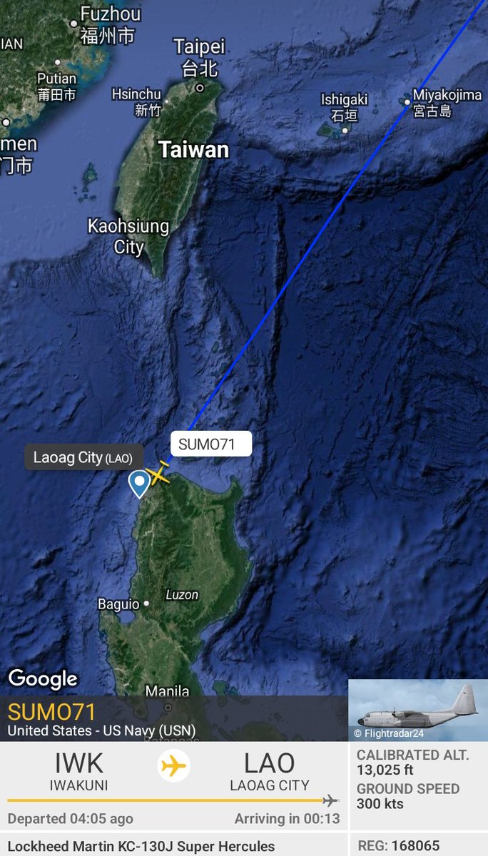 Oceanworldfree's tweet photo. 🇺🇲US Marines SUMO71 168065 #AE2F97 along off #Taiwan E coastline to a Philippine AFB in   northwestern #Luzon 

C130J - Lockheed KC-130J Hercules https://t.co/Sf3i3ASAdw