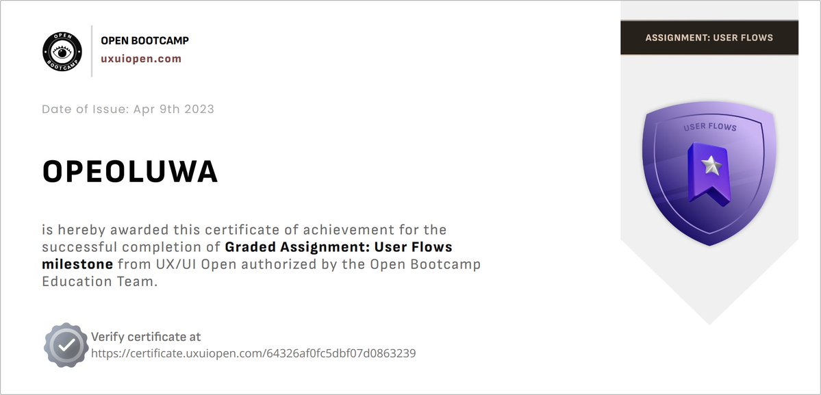 the_artgod's tweet photo. Exciting news Guys! I am thrilled to announce that I have successfully completed the Graded Assignment: User Flows milestone from UX/UI Open authorized by @theopenbootcamp  . I am looking forward to continuing my learning journey and taking on more challenges https://t.co/7zVDPBpaIY