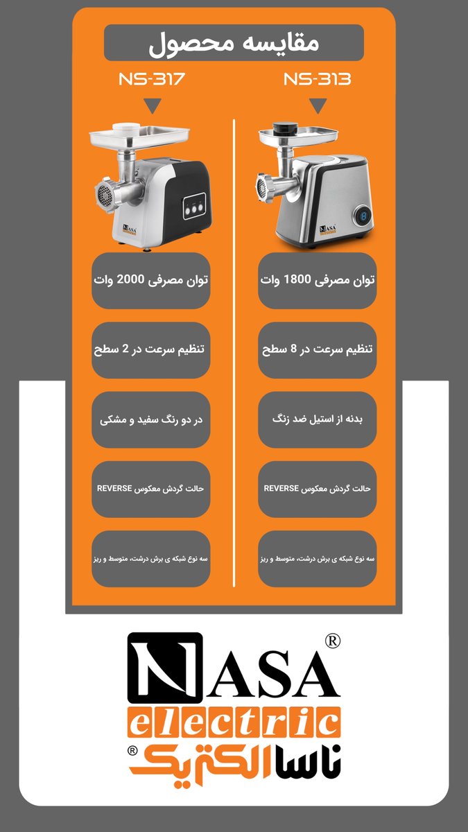 مقایسه ویژگی های دو چرخ گوشت از برند ناسا الکتریک 
چرخ گوشت NS-317
چرخ گوشت NS-313
 
کدامیک انتخاب شماست؟