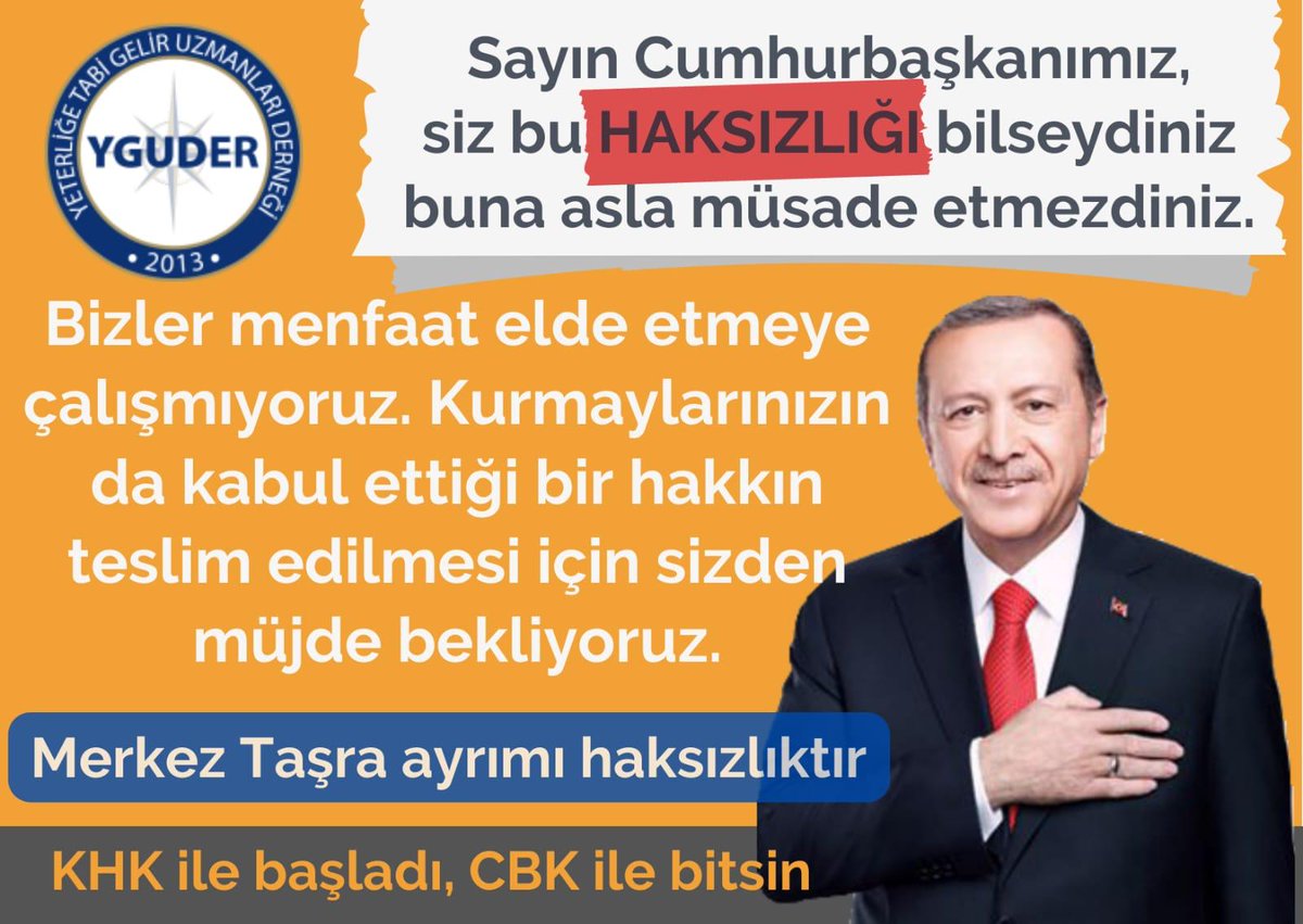 Biz Yeterliğe Tabi Gelir Uzmanları ve diğer tüm kariyer meslek 
İçin #MerkezTaşra
 Uzman Ayrımı Kalkmasını, inceleme yetkisi ve özluk haklarımzın iyileştirilmesini istiyoruz. Tek temsilcimiz YTGelirUzmanı Derneği YGUDER Sn. Cumhurbaşkanımızdan davet bekliyor 
@RTErdogan