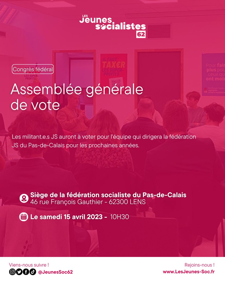 JeunesSoc62's tweet photo. Rendez-vous le 15 avril à Lens ! #vote #JS62 #CongrèsJS https://t.co/4y0Bs8stq8