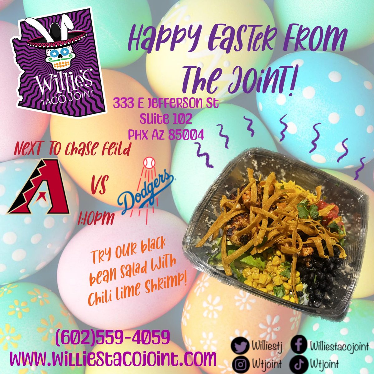 Happy Easter from the Joint! What better way to spend your Easter then with baseball and margaritas! Diamondbacks and Dodgers start at1:10pm. Were featuring our black bean salad, with our chili lime shrimp, don't miss out!  We'll be open before ...