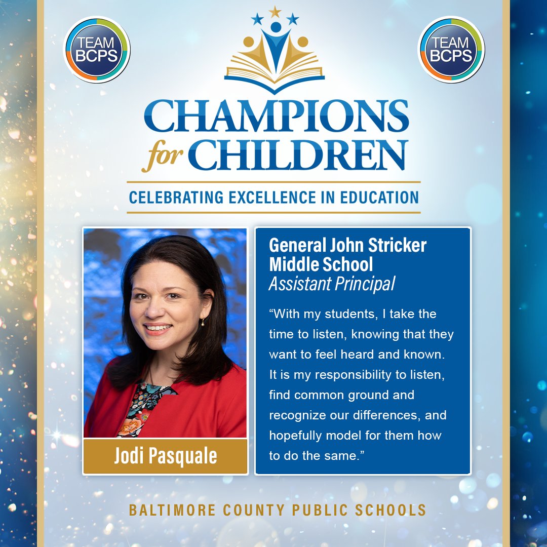 Baltimore County Public Schools (@baltcops) on Twitter photo 🎉 Meet Jodi Pasquale, #TeamBCPS Middle School Assistant Principal of the Year and 2023-2024 BCPS AP of the Year Finalist! <a href="/strickerpride/">Gen John Stricker MS</a>
✨ Join us on Wednesday, April 19, for our livestreamed Champions for Children awards gala!
Learn More ➡ ow.ly/vcJ050NrBSo 🎉 Meet Jodi Pasquale, #TeamBCPS Middle School Assistant Principal of the Year and 2023-2024 BCPS AP of the Year Finalist! <a href="/strickerpride/">Gen John Stricker MS</a>
✨ Join us on Wednesday, April 19, for our livestreamed Champions for Children awards gala!
Learn More ➡ ow.ly/vcJ050NrBSo