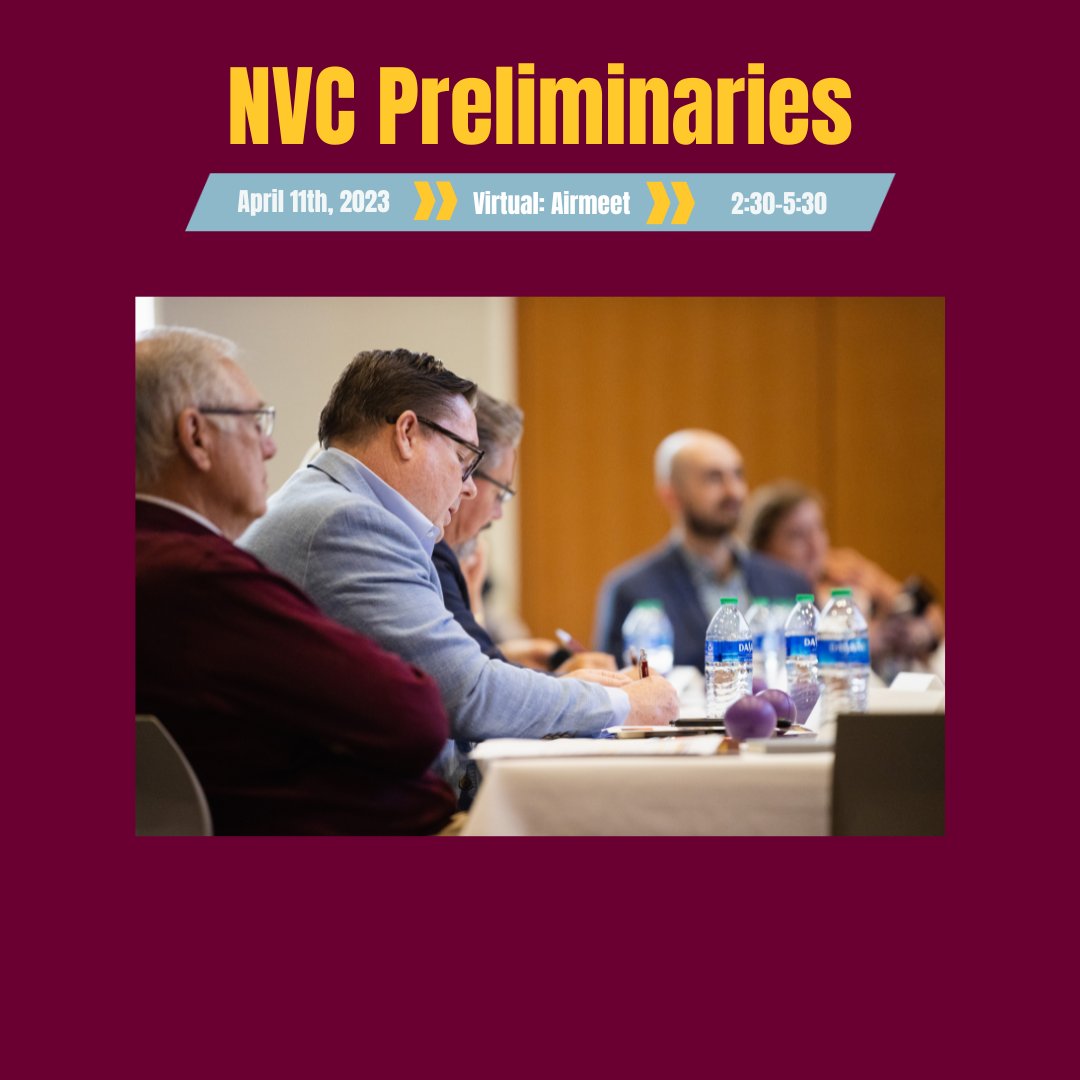 The preliminaries to NVC are this Tuesday! Teams and Individuals who entered to compete in the full presentation category will present a 7-minute pitch of their venture virtually to a panel of judges. Those that make it to finals will present in-person Friday, April 21.