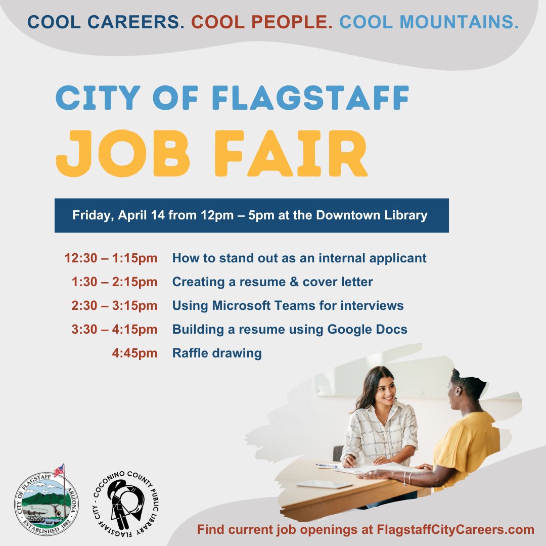 Looking for a job in Flagstaff? 🌲

The City of Flagstaff Job Fair is taking place on Friday, April 14, from 12 to 5pm! ✨

Members of City divisions will be in attendance to share what they're looking for in applicants. Don't miss your chance to explore potential career paths!