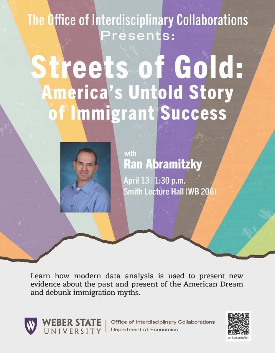 The Office of Interdisciplinary Collaborations (with the support of the Econ department 😎) invites everyone at <a href="/WeberStateU/">Weber State University</a> to the talk that Ran Abramitzky will give on Thursday (4/13) about migration then and now. Come join us!
More information: weber.edu/BIS/special-le…