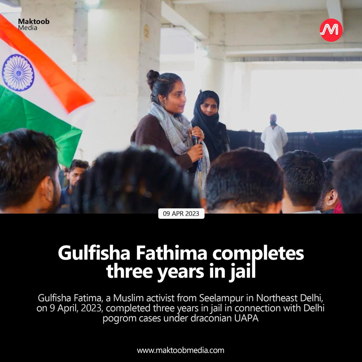 aslahtweets's tweet photo. “An Urdu Masters student of Delhi University, an MBA graduate, a radio jockey — Gul who belongs to Seelampur area of North East Delhi, was a part of the peaceful and vibrant anti-CAA-NPR-NRC movement…”

Gulfisha Fathima completes three years in jail

https://t.co/JpUg7nwvRE https://t.co/hpoFF45mJn