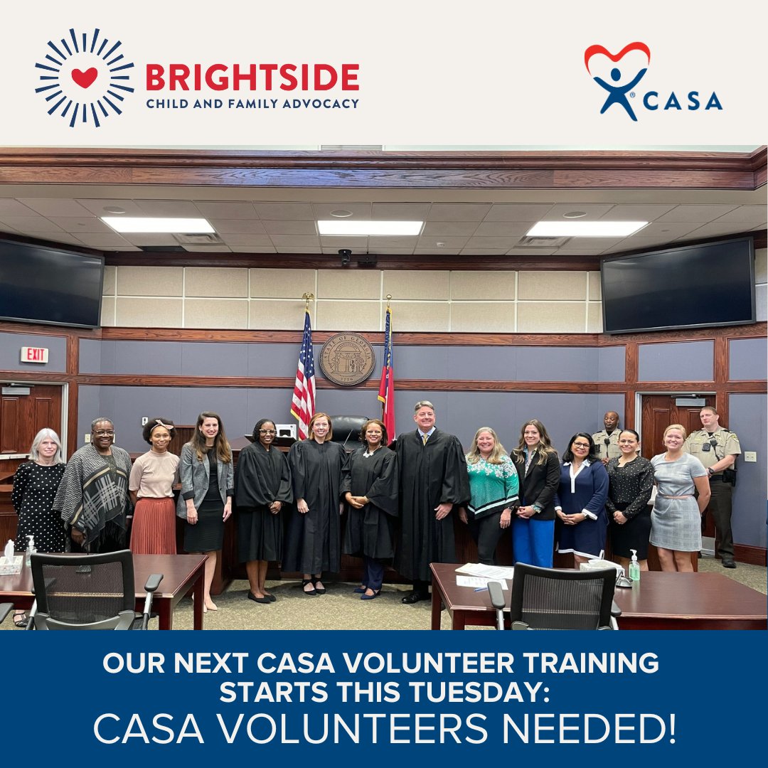 Our next training session begins THIS Tuesday. We need more Court Appointed Special Advocates (CASA) volunteers. If you would like to become an advocate for a child in foster care, please apply here: ow.ly/FIY850NEGz5 - #SavannahCASA #BrightsideAdvocacy