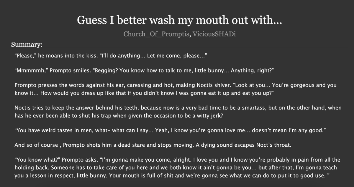 Happy Easter everyone! For this very holy, more Christian than Christ day, Noctis is donning his sluttiest bunny outfit and giving Prompto the show of his life!
Inspired by <a href="/JunkyardSHADi/">ViciousSHADi | Packin' up and Movin' on</a>'s art, this is by far my most explicit (published) word to this day.
Happy PWP everyone! 🧵