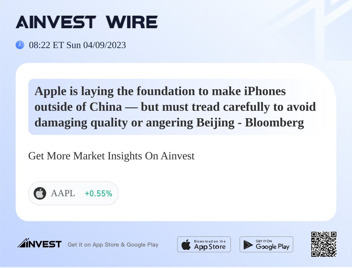 Apple is laying the foundation to make iPhones outside of China — but must tread carefully to avoid damaging quality or angering Beijing - Bloomberg
$AAPL
#Ainvest #Ainvest_Wire #trade #shareholders #USstock 
View more: https://t.co/RoG3eime4L https://t.co/0dzpfRtcfP