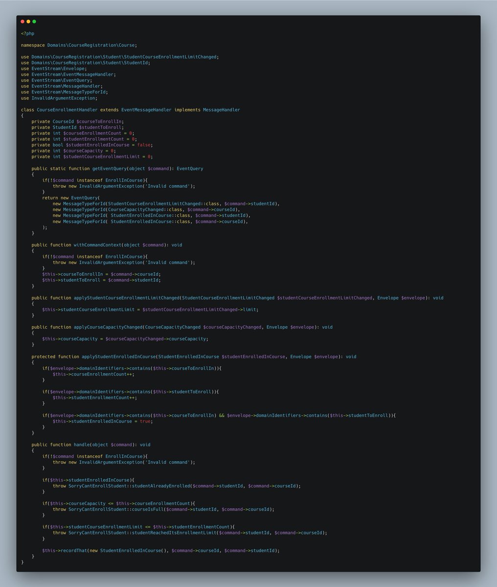 Got inspired by <a href="/_sara_p_/">Sara Pellegrini</a> 's talk, and implemented a basic implementation of it in php. Love the idea. 

Biggest takes: 
- An event can belong to multiple streams
- Consistency boundary changes per command

github.com/Robertbaelde/M…