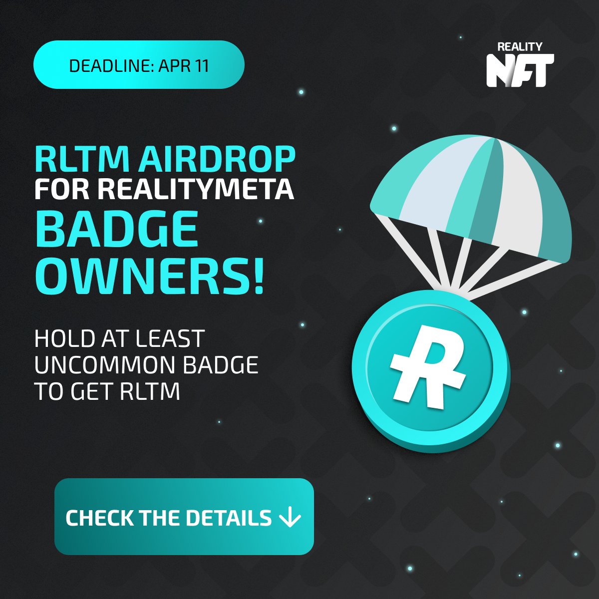 Realitymeta's tweet photo. Holders of the Core Badges, LISTEN UP! 😍

At the upcoming #TGE...
Epic Badge holders will get $100 worth of $RLTM 🤑

💰 Rare - $50
💰 Uncommon - $25

RT + Comment for #NFT Badge 🎉
Thank you for your support 💙

#RLTM #bigairdrop #airdroptoken #Giveaways #airdop #airdroptoken https://t.co/37AGaKjS6j