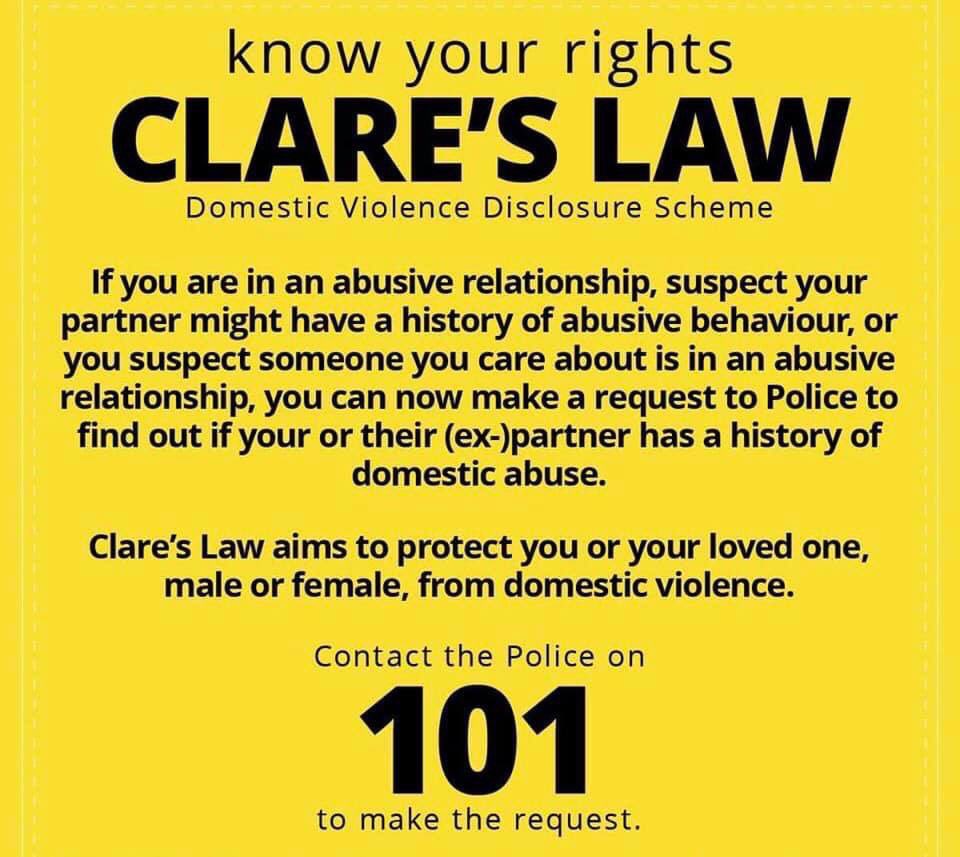 ablouxo's tweet photo. Having been in a domestic violence relationship, Clare’s law is important and I don’t think it’s spoke about enough. There is two sides of it the ‘right to ask’ and ‘right to know’ https://t.co/BkpUKPg9RH