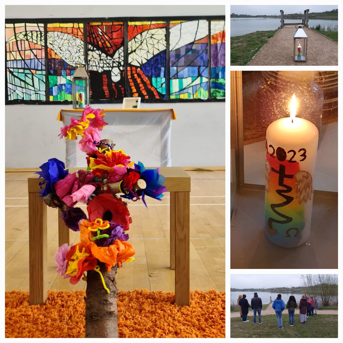 Alleluia Christ is Risen!

For those up early,  it was wonderful to start the day by lighting our Pascal Candle at the lakeside as the sun rose. After a hearty breakfast,  we gathered in the school hall to celebrate communion, decking our cross in home made flowers. 
Happy Easter