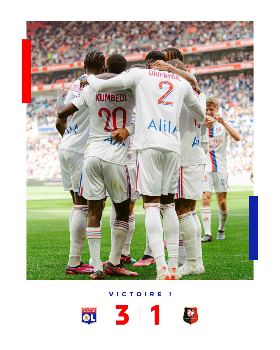 OL's tweet photo. 🏁 𝙑𝙄𝘾𝙏𝙊𝙄𝙍𝙀 ! 👊

Menés à la pause, nos Gones ont renversé la rencontre et s’imposent 3 buts à 1 face au Stade Rennais ! 🦁🔴🔵

3-1 #OLSRFC https://t.co/3W9mfzYXQq