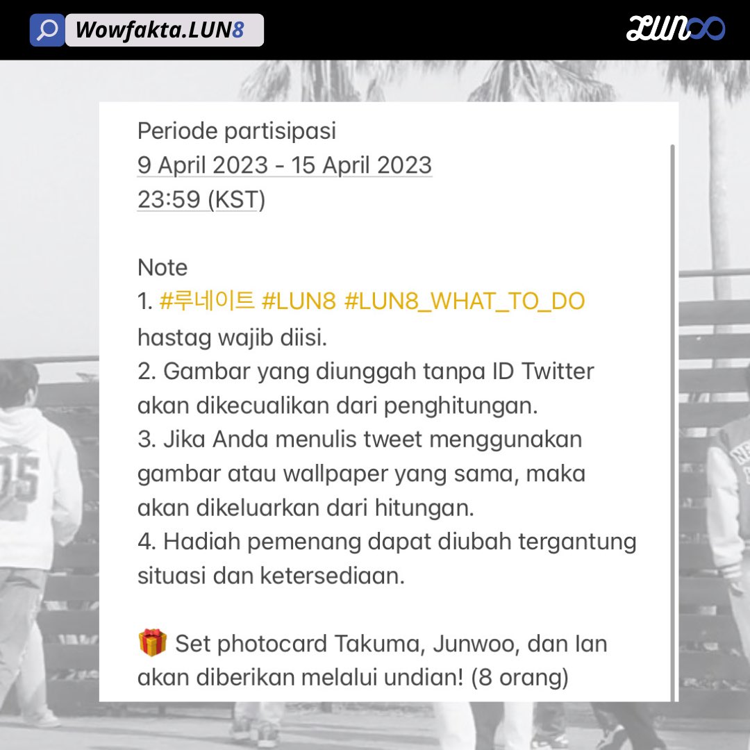 Wowfakta_LUN8's tweet photo. [✨] "JACKBOYS, Travis Scott - WHAT TO DO? (Feat. Don Toliver)" Dance Performance 시청 인증 EVENT🎁

Dance performance pertama LUN8 telah dirilis!🎉
Silahkan menonton dan berpartisipasi.💞

#루네이트 #LUN8 #WHAT_TO_DO
#타쿠마 #Takuma #준우 #JunWoo #이안 #Ian 
#LUN8_WHAT_TO_DO https://t.co/QQSqx6in6V