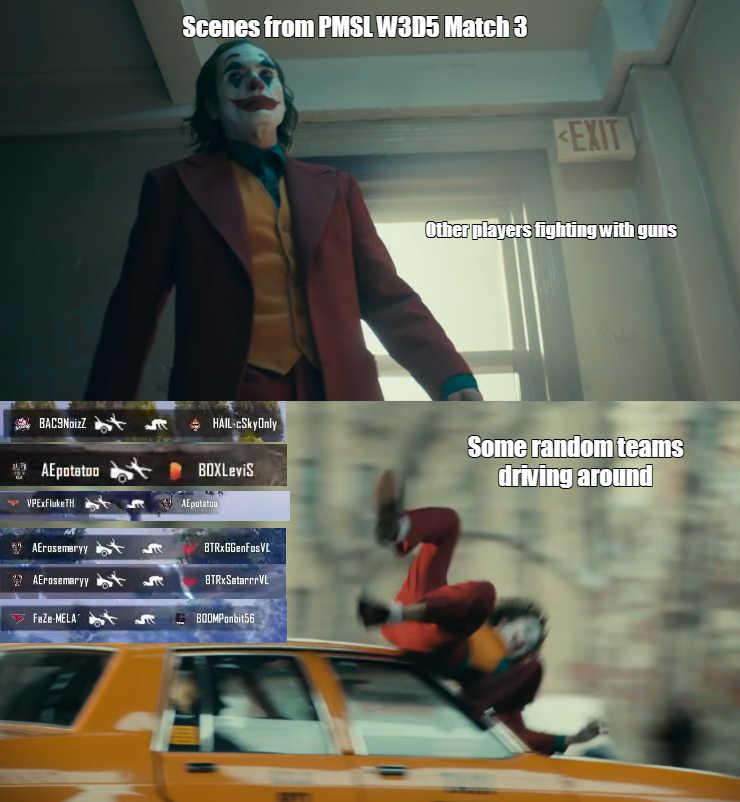 GriffixnzK's tweet photo. Crazy scenes from PMSL week 3 day 5 match 3 .As many as 6 players were run over.
#PMSLmemes
@EsportsPUBGM https://t.co/XvZwFYdgSm