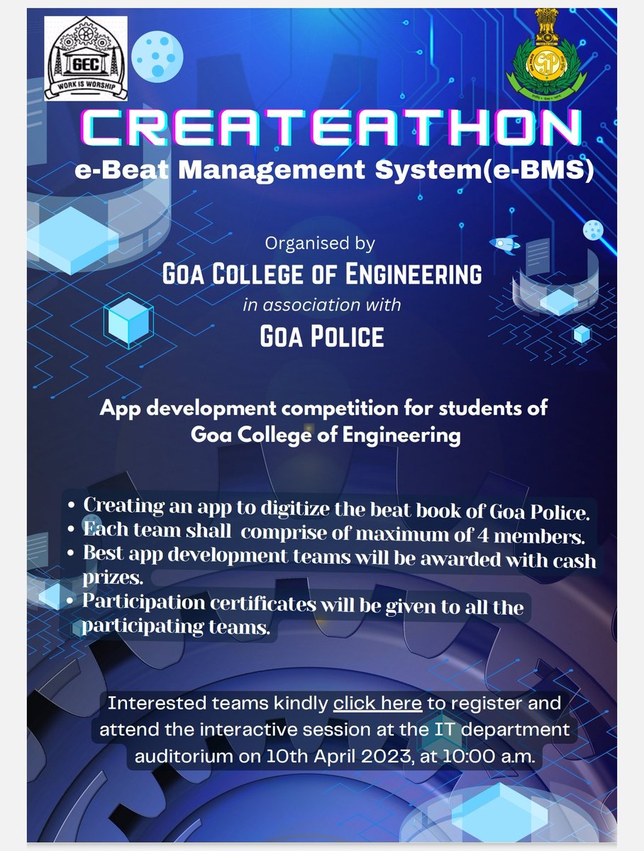 spnorthgoa's tweet photo. Goa Police and Goa College of Engineering are teaming up to organize a Createathon e-Beat Management System competition for students! Develop an app to digitize the beat book and win cash prizes. #eBMS #GoaPolice #GoaCollegeOfEngineering https://t.co/j2CWxc7sx8