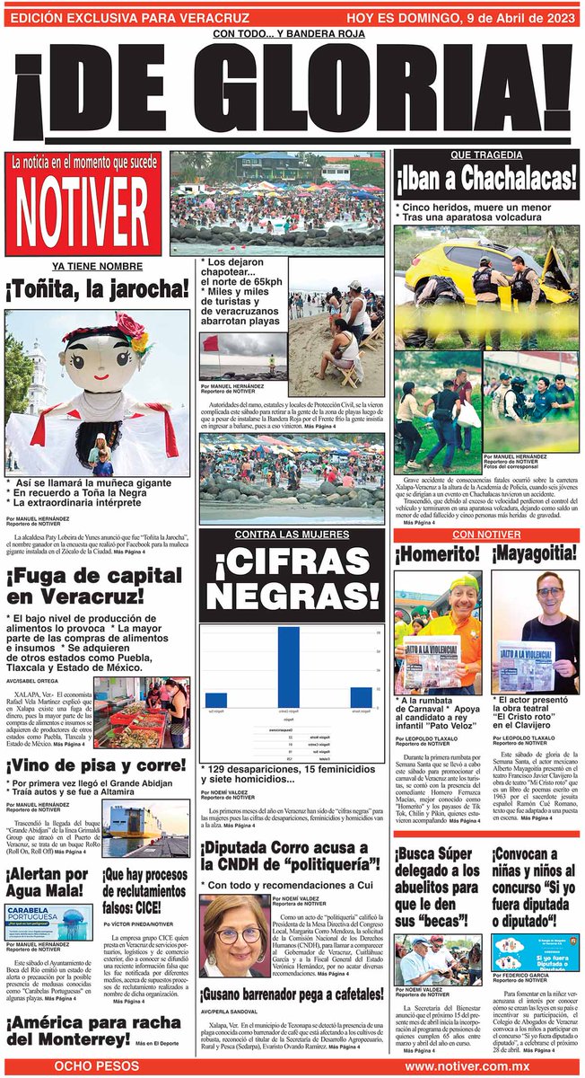 NOTIVER's tweet photo. CON #TODO Y #BANDERA #ROJA
LOS #DEJARON #CHAPOTEAR #NORTE DE 65KPH
#MILES DE #TURISTAS Y #VERACRUZANOS #ABARROTAN #PLAYAS
#Buenosdías #lectores #Iniciamos la #jornada #informativa con #LaPortada del #NOTIVER
para este domingo 9 de abril 2023
#Tamaulipas #Tabasco #SLP #Hidalgo https://t.co/8qSK8ZaMun