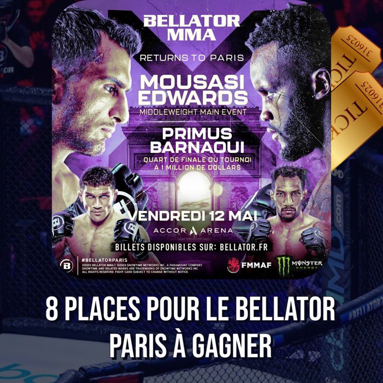 MMArena_'s tweet photo. JEU #CONCOURS 🎁

À l'occasion du #BellatorParis le 12 Mai à l’Accor Hôtel Arena de Bercy, MMArena et le Bellator font équipe pour vous faire gagner 𝟴 𝙋𝙇𝘼𝘾𝙀𝙎 🎟

👉 Pour jouer, c'est simple :

1️⃣ RT ce tweet. 
2️⃣ Follow @MMArena_ &amp; @Bellator_France 

Bonne chance à tous 🎉 https://t.co/P8pzc4JdpK
