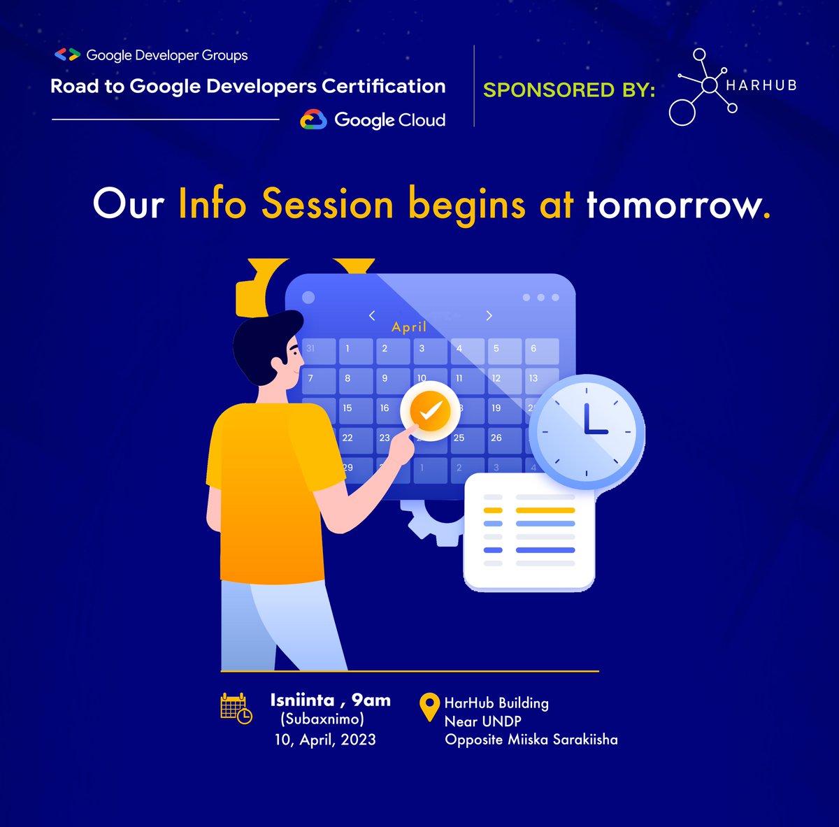 HarHub's tweet photo. You only need to invest in yourself ππ
Join us tomorrow for an inspiring, empowering, and challenging day! The info sessions will be offline. Stay tuned, and we'll see you tomorrow at 8:30. We will begin promptly at 9 a.m., so please arrive early.
#GDGHargeisaChapter #GDG2023 https://t.co/NYuwVUpMyf