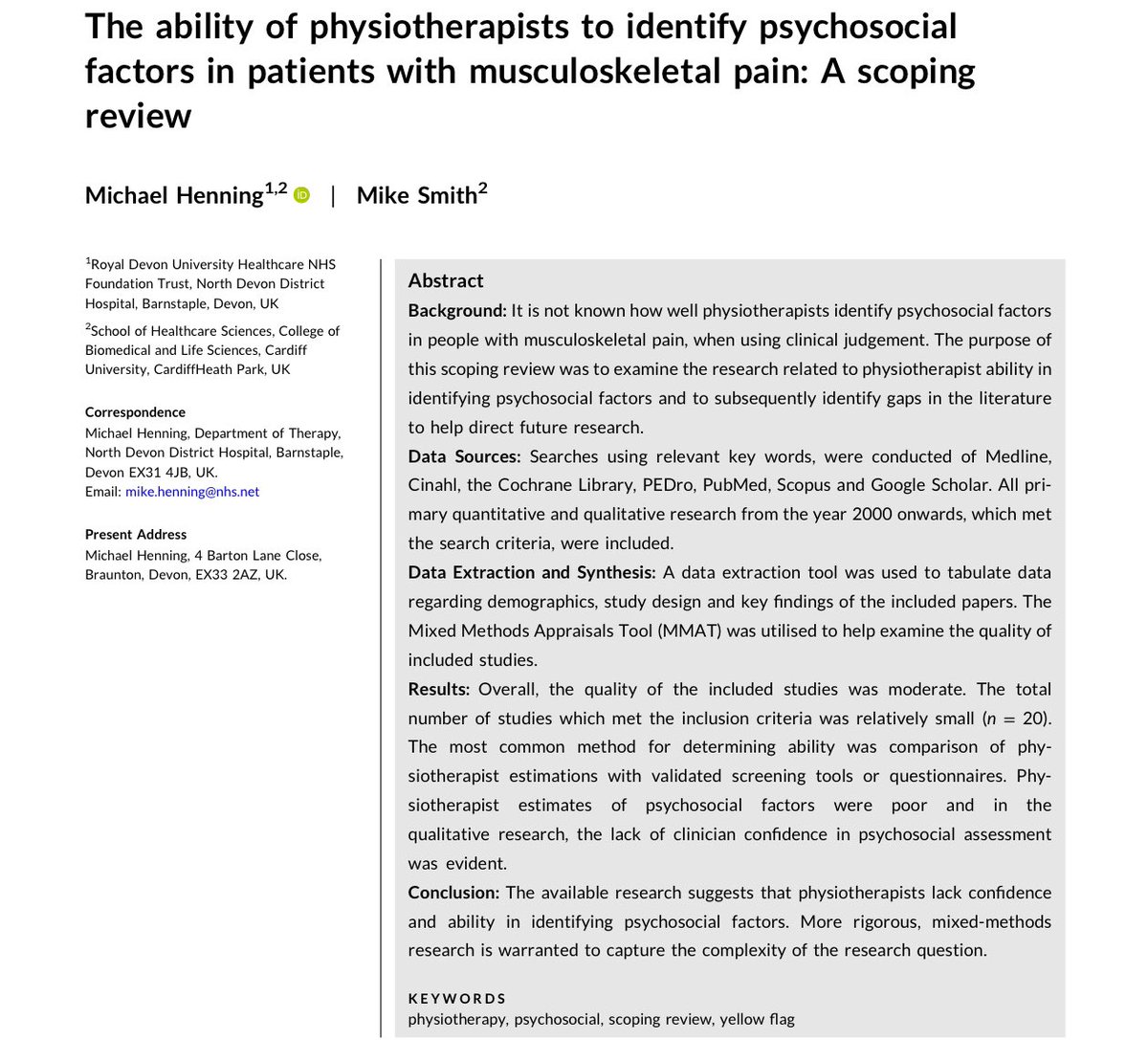 Retlouping's tweet photo. The ability of physiotherapists to identify psychosocial factors in patients with musculoskeletal pain: A scoping review https://t.co/JlXSOhzDvT

“The available research suggests that physiotherapists lack confidence and ability in identifying psychosocial factors” https://t.co/iOt4GKeb0W