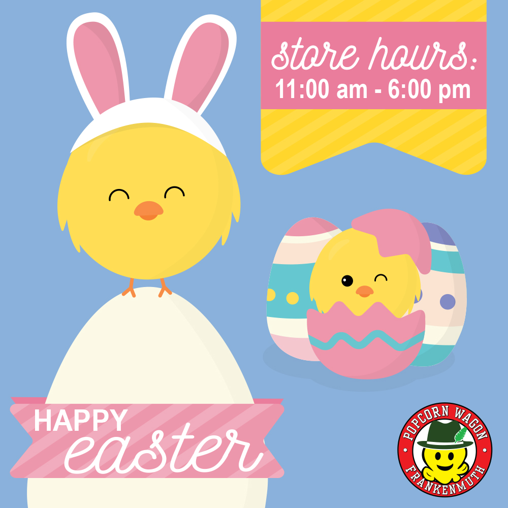 popcornwagon's tweet photo. Happy Easter! We're open 11:00 am - 6:00 pm today. HOP in for your Easter goodies.

#PopcornWagonFrankenmuth #HappyEaster #RiverPlaceShops https://t.co/oBxGGQV7vm