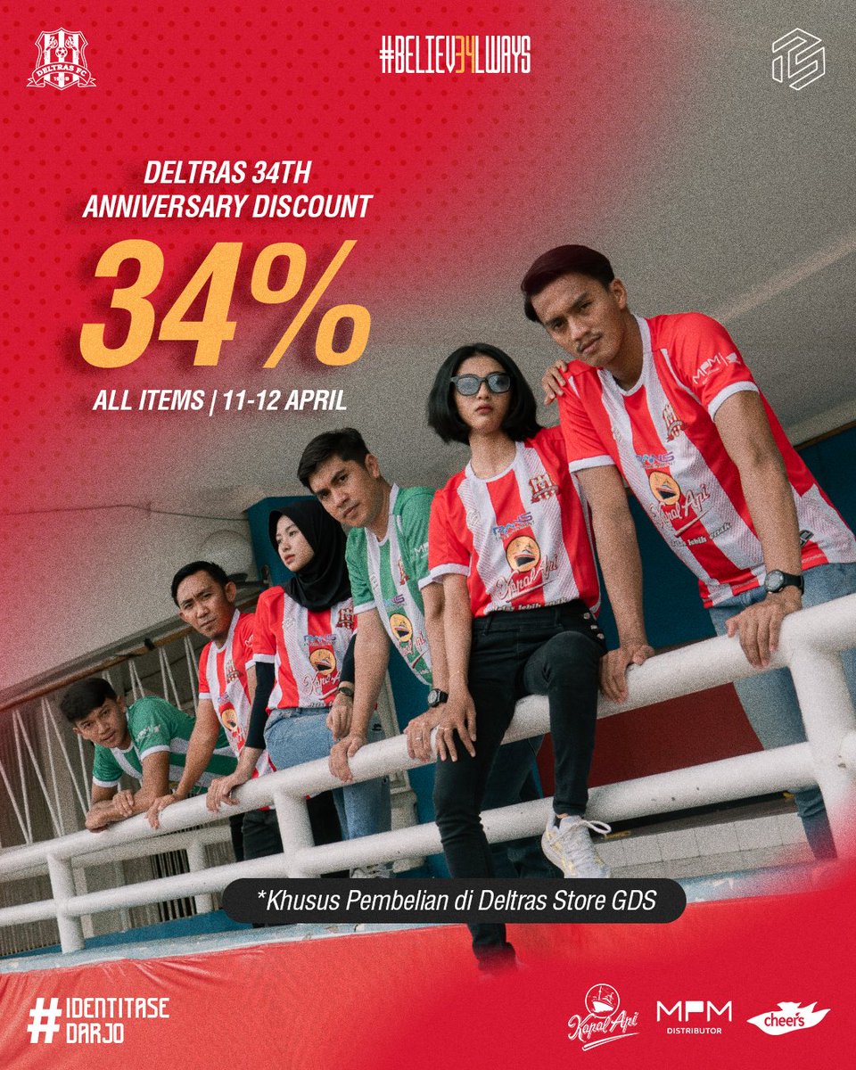 #Believ34lways

Untuk menyambut ulang tahun Deltras FC ke-34, kami traktir kalian dengan diskon 34% All Item!

Diskon dimulai tanggal 11-12 April 2023 dan HANYA BERLAKU DI DELTRAS STORE GDS!

#Deltras #IdentitaseDarjo #DeltrasStore #34thAnniversary #Believ34lways