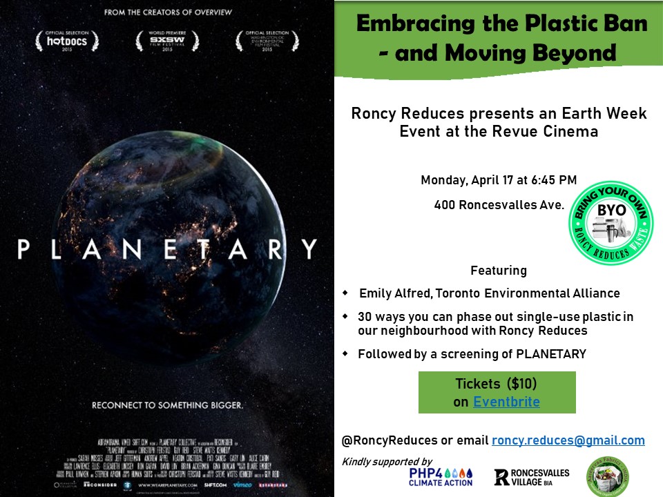 0wasteTO's tweet photo. ⌚️ 645pm 📅 Mon Apr 17 ▶️ "Embracing the Plastic Ban & Moving Beyond: Let yourself be inspired to act! With short presentations by #RoncyReduces & @TOenviro, & the film Planetary!"
📍 @RevueCinema in #RoncesvallesVillage!
🎫 https://t.co/xIDngUmOxR 👏
#ReusableTO 🙌 #EarthWeek 🌎 https://t.co/LuUiHZViFo