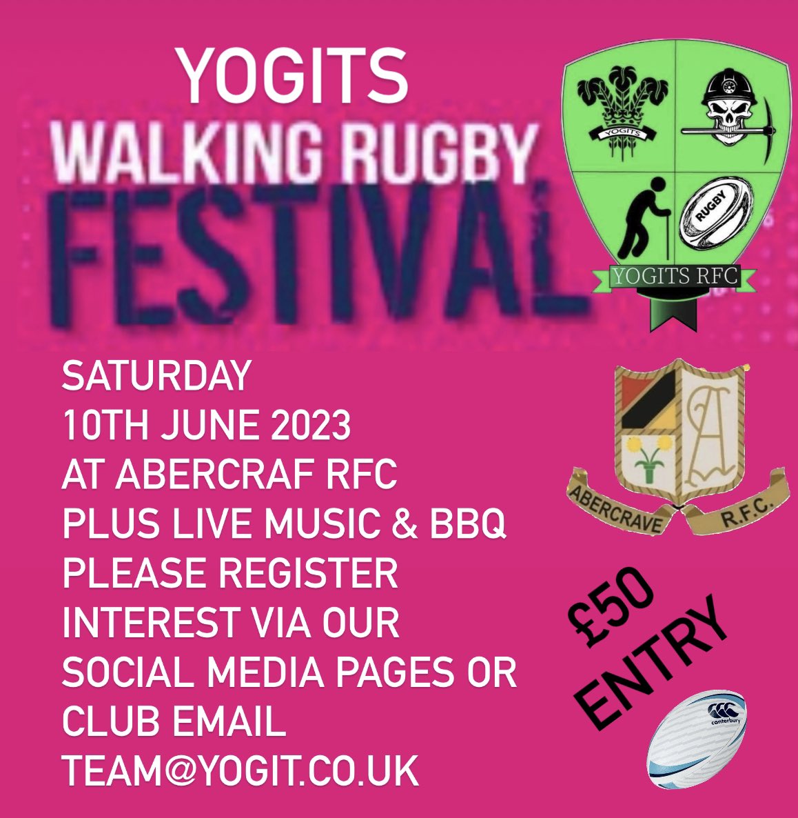 Proud to announce that we will hosting our first ever walking festival on Saturday 10th June at <a href="/AbercraveRFC/">Abercrave RFC</a>
There will also be live music 🎵 and a BBQ  🍗 

To express an interest please contact us via social media or our club email team@yogits.co.uk 

Entry is £50