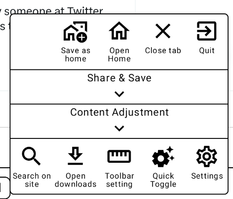 einkbro's tweet photo. Feel too many features in menu? Now you can hide them to make it cleaner! 

And...do you notice a new icon appearing in the last screenshot? Yes, EinkBro is going to support adding web article to Pocket service. :) https://t.co/P1LFD6Djmm