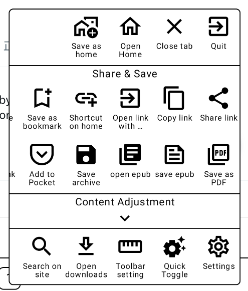 einkbro's tweet photo. Feel too many features in menu? Now you can hide them to make it cleaner! 

And...do you notice a new icon appearing in the last screenshot? Yes, EinkBro is going to support adding web article to Pocket service. :) https://t.co/P1LFD6Djmm