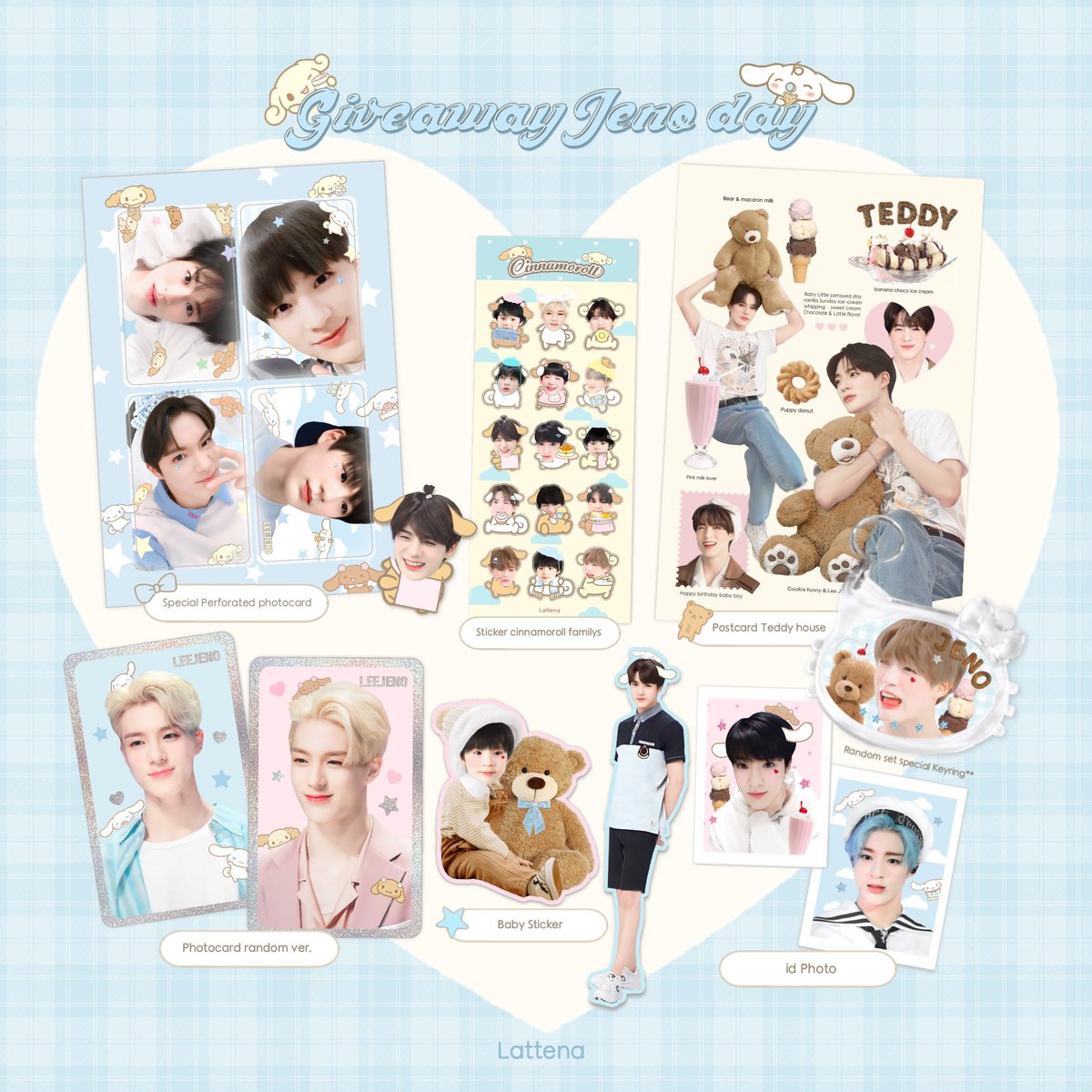 pls kindly rt -`♡´-
Giveaway  “ birthday boy “⛅️🐶🛁
☀︎ only 10 set🧸
♡ Random perforated photocard 2 ea 
♡ Random special keyring 3 ea 
ෆ⸒⸒ special photo booth nomin 20 ea 

: siam (23.04)
: time : tba 
 #HAPPYJENODAY #JENO