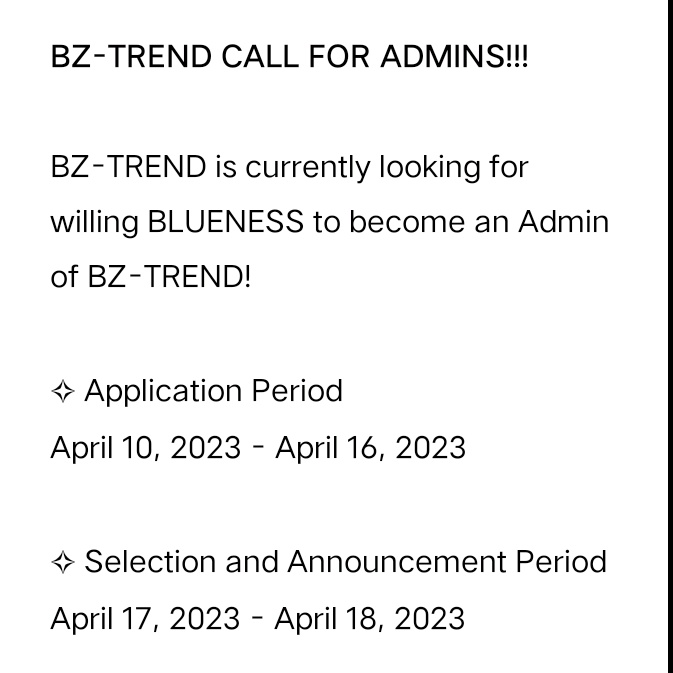 bz_trend's tweet photo. [📝] BZ-TREND CALL FOR ADMINS!

BZ-TREND is currently looking for willing BLUENESS to become an Admin of BZ-TREND!

See pictures for more information and how to apply:

#BzBoys https://t.co/ot0dg8kQQl