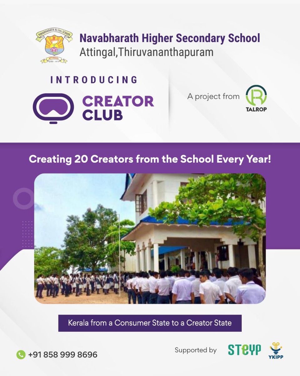YkippOfficial's tweet photo. To transform Kerala from a consumer state to a creator state, Talrop is implementing Creator Club programme in selected 2,100 schools of Kerala.  

Navabharath Higher Secondary School Attingal, Thiruvananthapuram is pledging 20 creators from the school.

#talrop #creatorclub https://t.co/k28Ty3g2ve