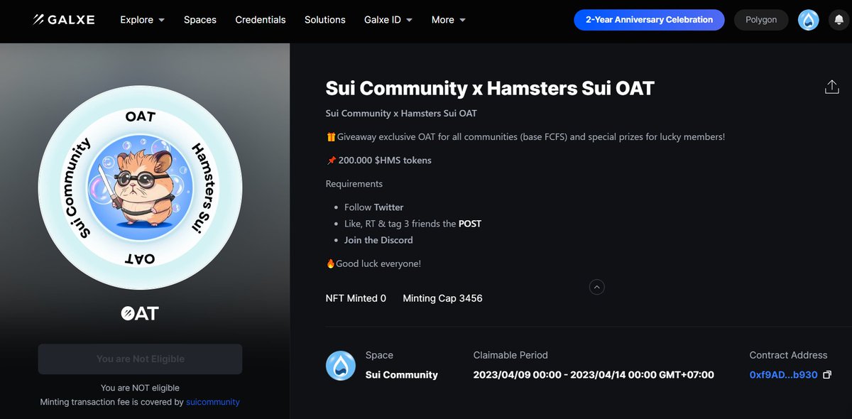 Sui Community x <a href="/HamstersSui/">zkHamsters</a> OAT❤️

🎁Giveaway exclusive OAT for all communities (base FCFS) and special prizes for lucky members

Mint OAT
galxe.com/suicommunity/c…

📌200.000 $HMS tokens

Using #Avalanche network to claim this OAT &amp; show OAT below this tweet👇

#Sui #SuiCommunity