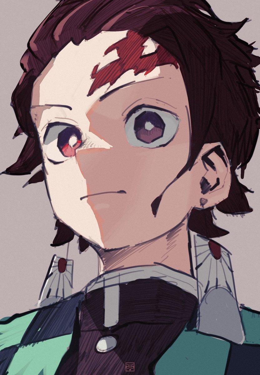 kamado tanjirou solo male focus 1boy demon slayer uniform scar scar on forehead earrings  illustration images