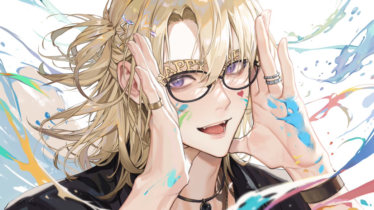 1boy male focus solo glasses blonde hair jewelry ring  illustration images