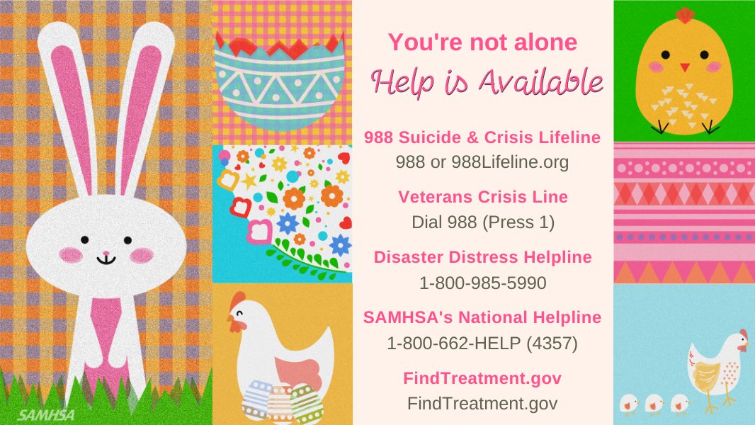 samhsagov's tweet photo. Happy Easter 🌷 Enjoy your time with your loved ones. But if you're feeling lonely today, if you're stressed, or if you have any other difficult emotions, 24/7/365 confidential help and support is available: https://t.co/jTAO1Q7SjI #HappyEaster #EasterSunday https://t.co/y58lDSrnsx