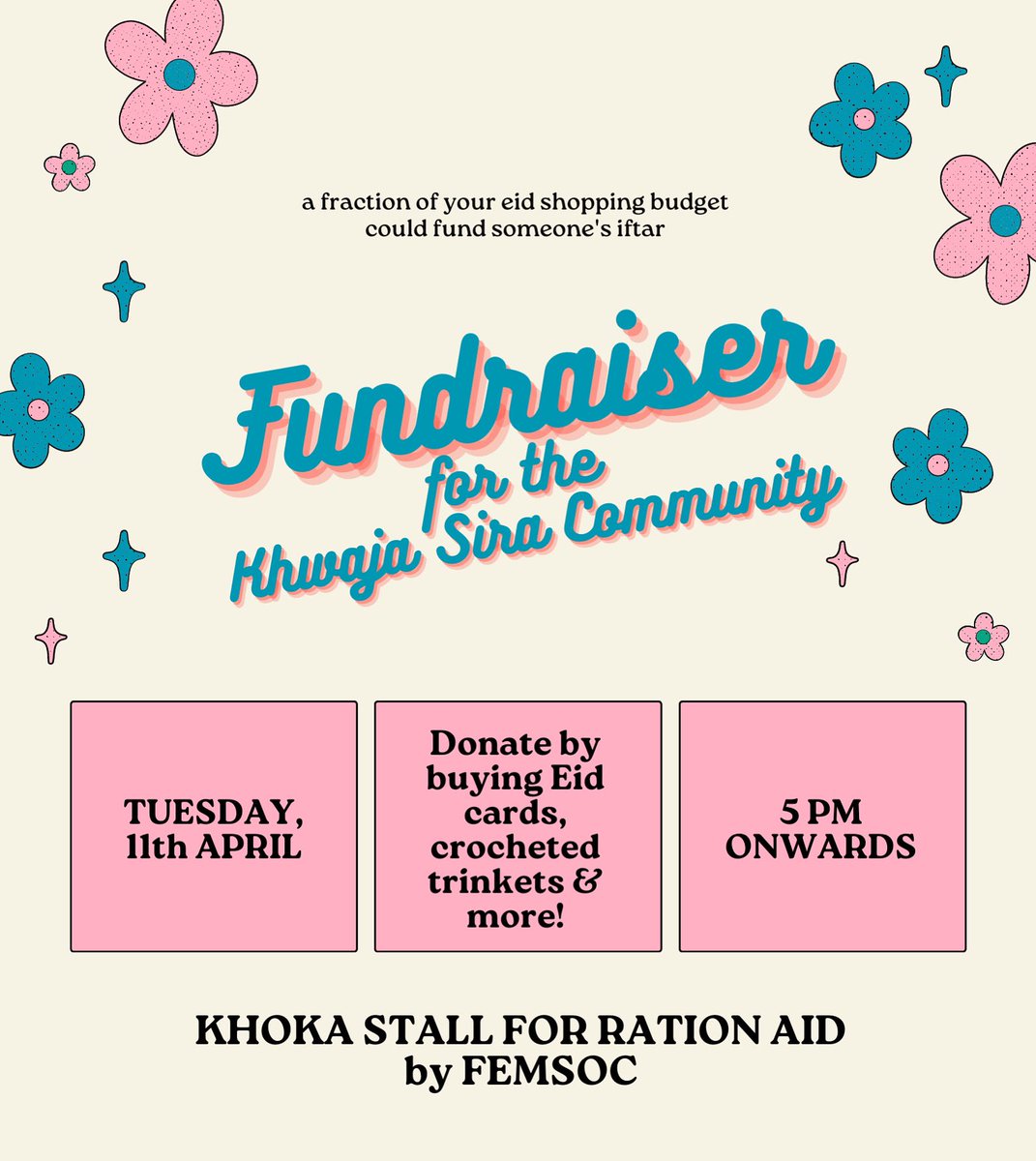 Join FEMSOC on Tuesday, 5 PM onwards at the Khokha as we host a fundraiser for the Khwaja Sira Community. 
All donations go towards their ration aid. 
You can contribute through creating Eid cards, buying crocheted items and more. 
Show up an do your part!