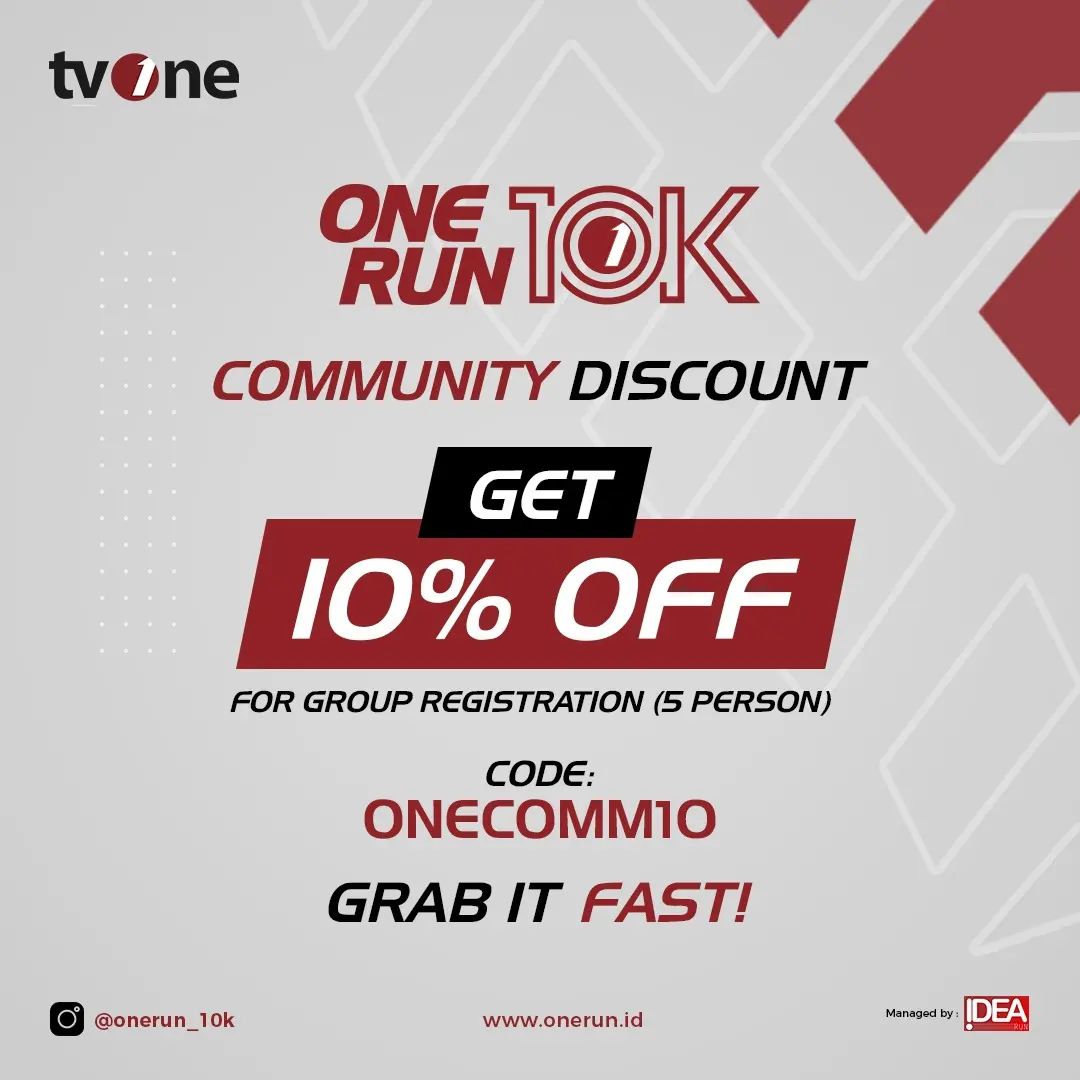 tvOneNews's tweet photo. tvOne akan mengadakan event One Run 10K pada tanggal 28 Mei 2023.

Segera daftarkan diri anda melalui website https://t.co/Bp9bdpwEtY

Untuk informasi lebih lanjut, kunjungi official akun instagram @onerun_10k

#OneRun10K #OneRunners #tvOne https://t.co/UDmockBmpY