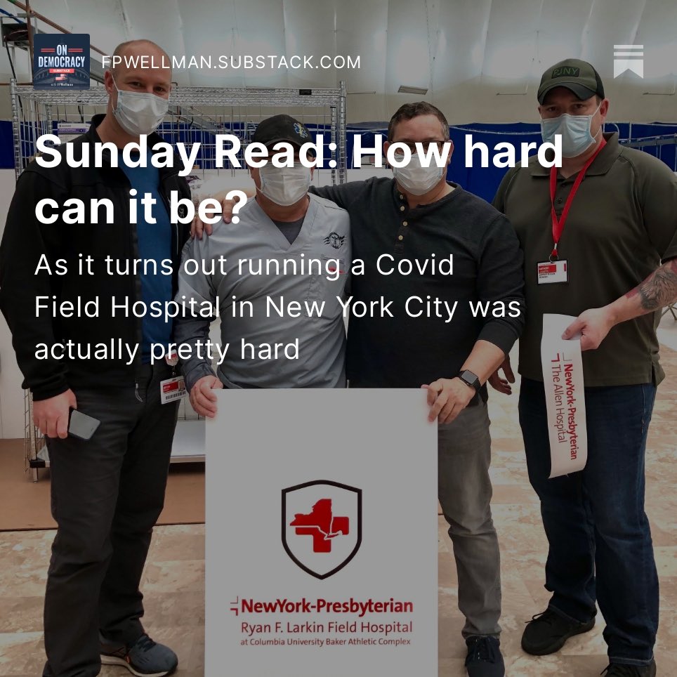 FPWellman's tweet photo. New Sunday Read is out about the time I thought I could help run a COVID Field Hospital in NYC. Link is in my Linktree in my bio or below. Trust the website and ignore Elon. https://t.co/Ck88T78dTQ