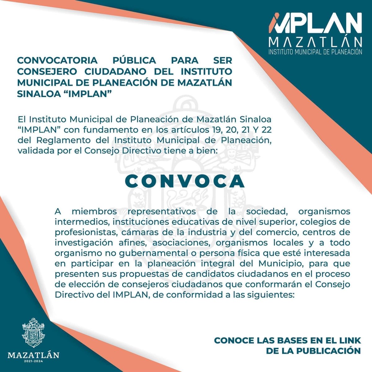 #Convocatoria
Convocatoria pública para ser consejero Ciudadano del Instituto Municipal de Planeación de Mazatlán Sinaloa “IMPLAN”.

¡Esta convocatoria es para ti!

Leer convocatoria 👉 wvw.mazatlan.gob.mx/?p=46136